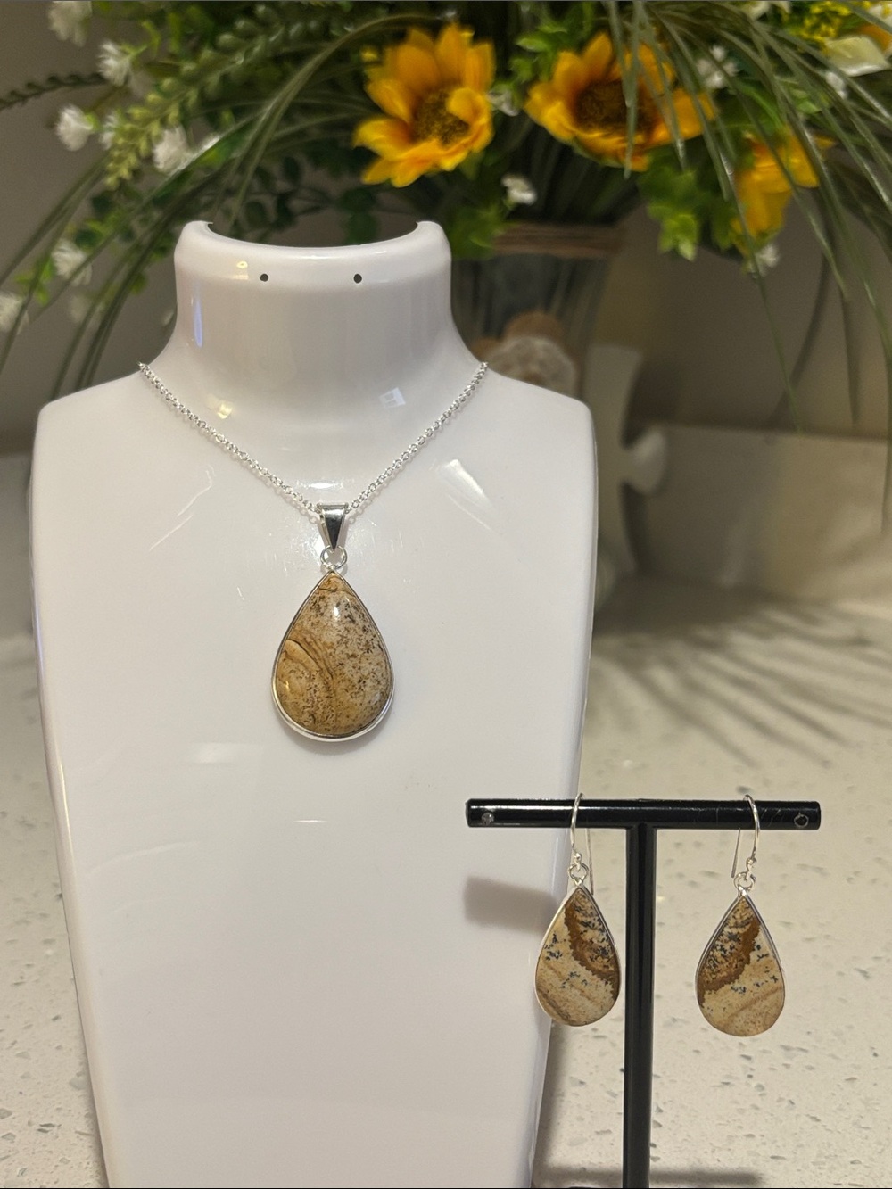 Sterling Teardrop Picture Jasper Pendant & Earring Set